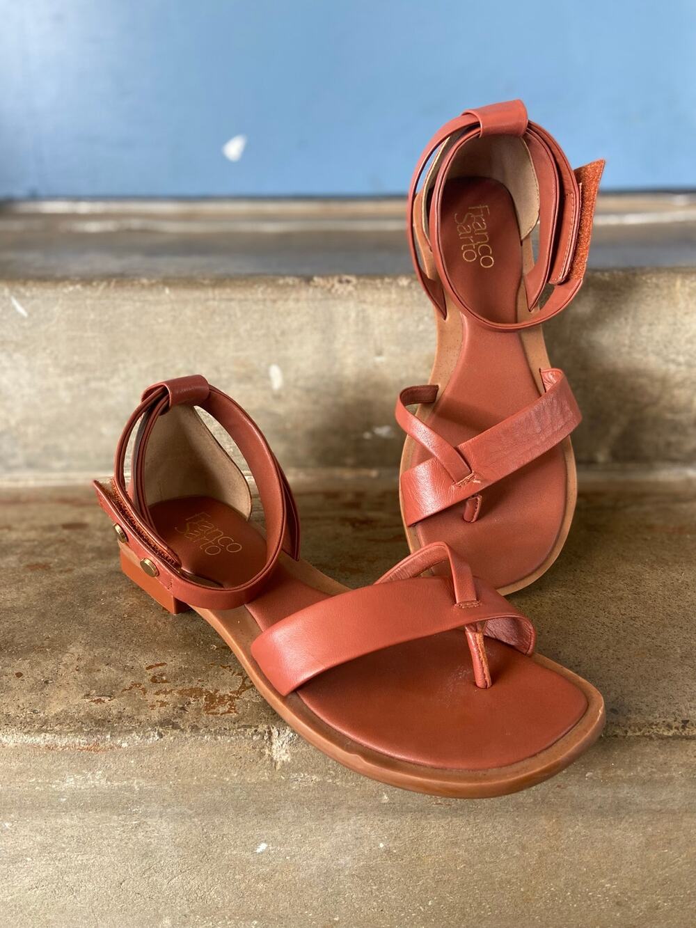 Franco Sarto Parker brown leather ankle strap and toe post sandals
